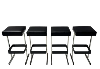 Four Mid-Century Modern Bar Stools with Black Leather Seats, 1970s